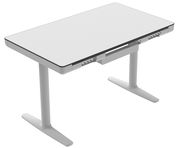 Moderner E-Schreibtisch in Weiß mit höhenverstellbaren Beinen, seitliche Perspektive