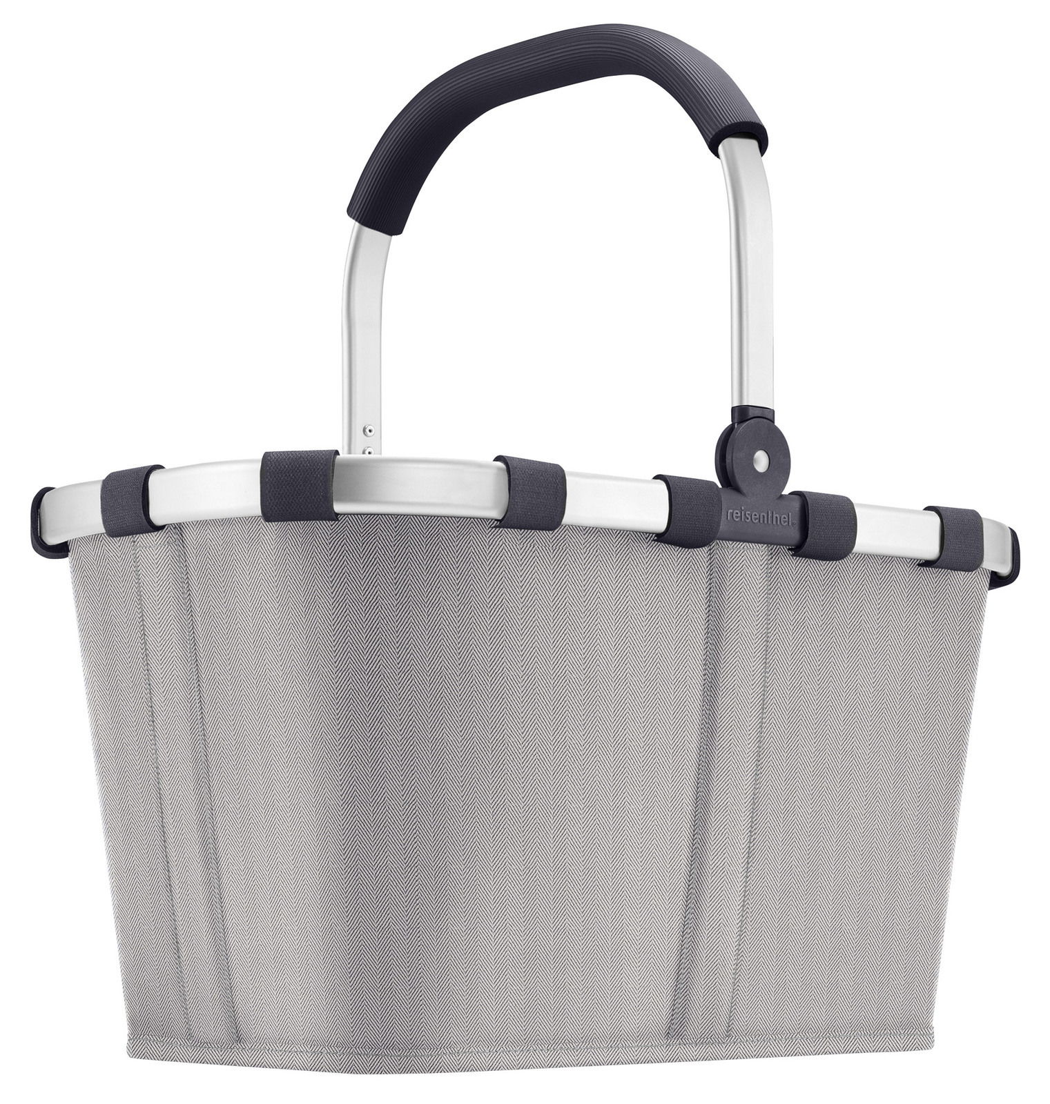 Grauer Einkaufskorb mit Fischgrätenmuster, seitliche Perspektive