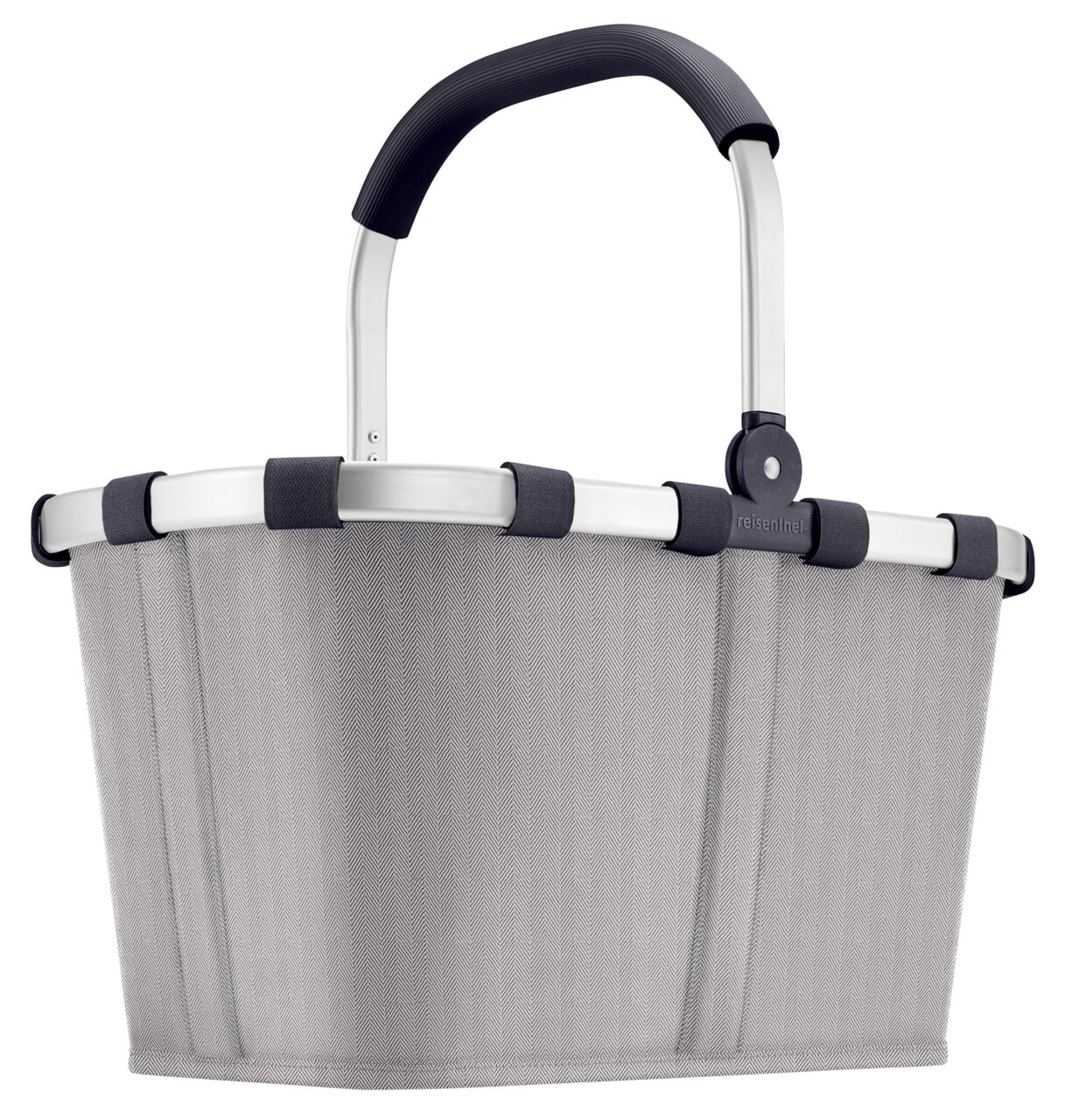 Grauer Einkaufskorb mit Fischgrätenmuster, seitliche Perspektive