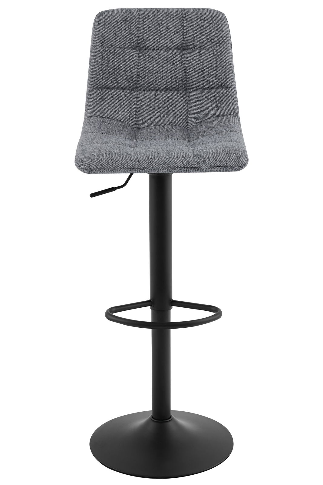 Grauer Barhocker mit gepolsterter Sitzfläche und schwarzem Metallgestell, Frontalansicht