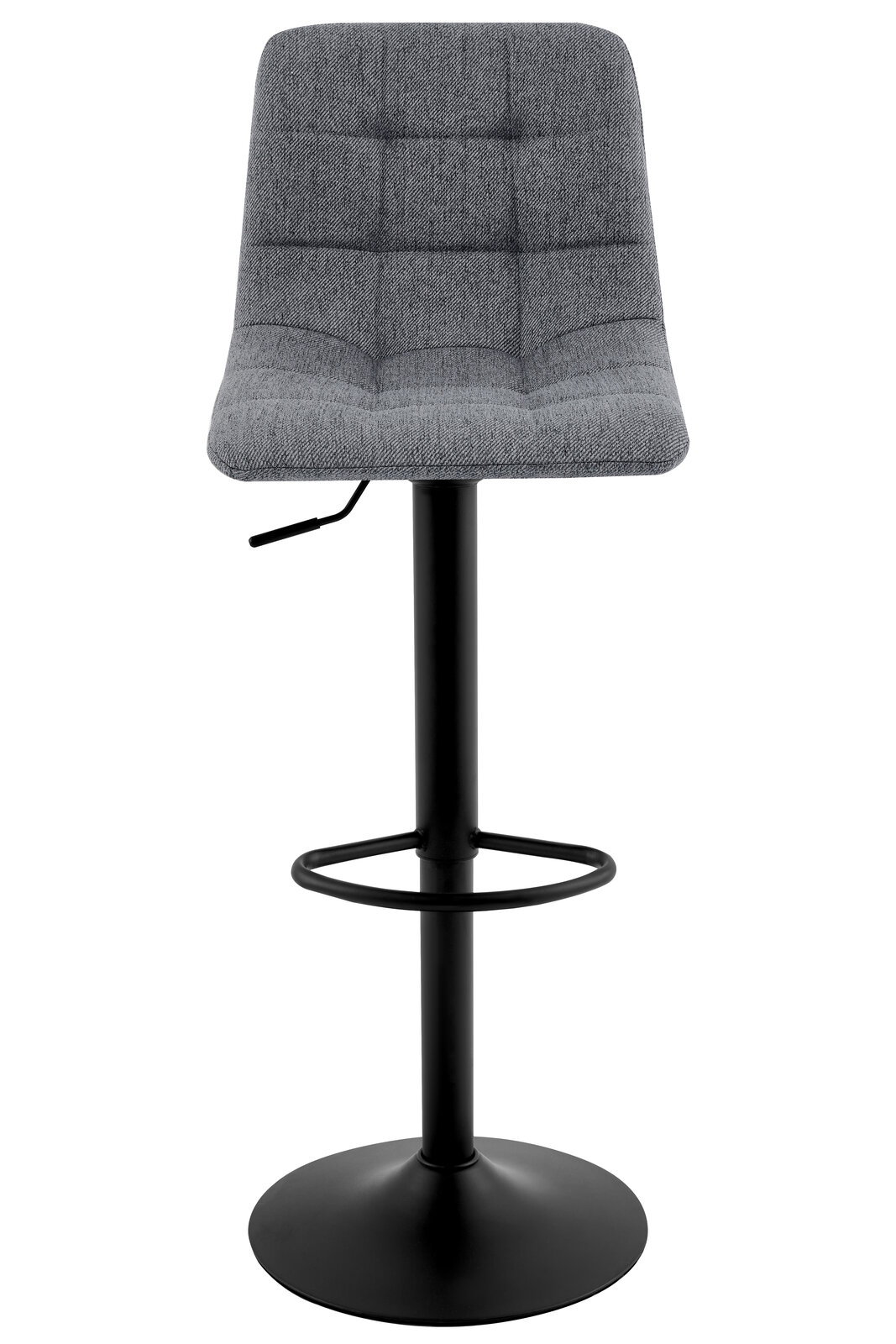 Grauer Barhocker mit gepolsterter Sitzfläche und schwarzem Metallgestell, Frontalansicht