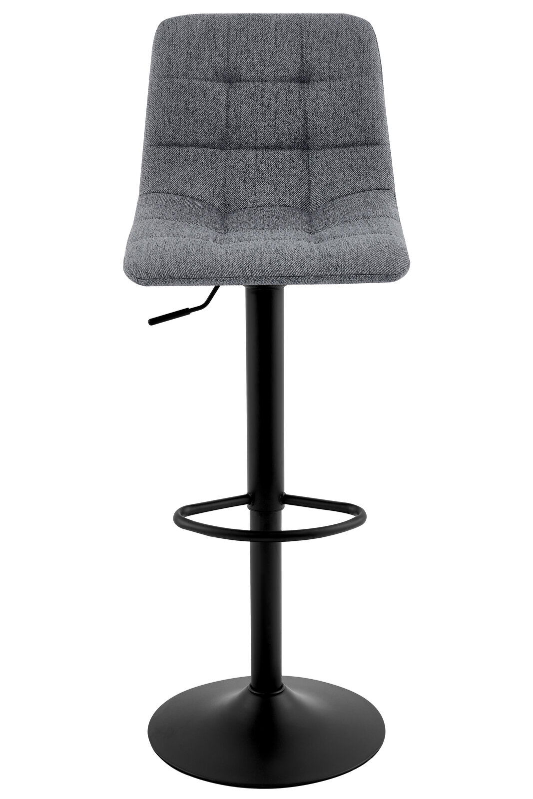 Grauer Barhocker mit gepolsterter Sitzfläche und schwarzem Metallgestell, Frontalansicht