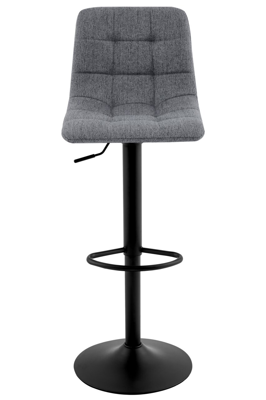 Grauer Barhocker mit gepolsterter Sitzfläche und schwarzem Metallgestell, Frontalansicht