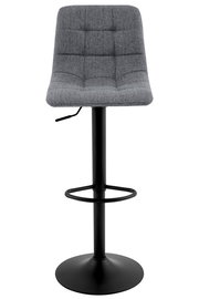 Grauer Barhocker mit gepolsterter Sitzfläche und schwarzem Metallgestell, Frontalansicht