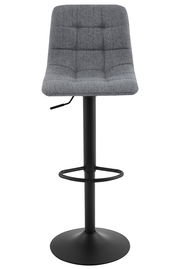 Grauer Barhocker mit gepolsterter Sitzfläche und schwarzem Metallgestell, Frontalansicht