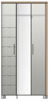 Frontansicht eines XL-Dielenschranks mit zwei Türen, einer Spiegeltür und mehreren Regalfächern.