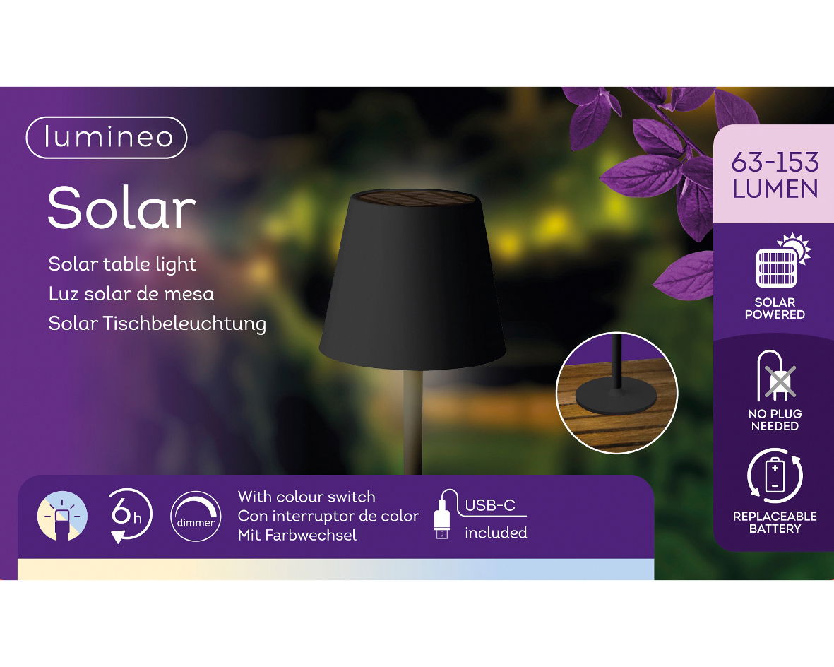 Solar Tischleuchte mit schwarzem Schirm, seitliche Perspektive, solarbetrieben, USB-C Anschluss, Farbwechsel und austauschbare Batterie.