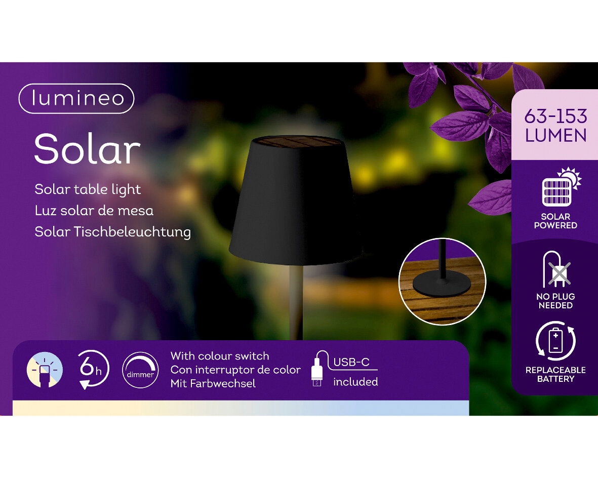 Solar Tischleuchte mit schwarzem Schirm, seitliche Perspektive, solarbetrieben, USB-C Anschluss, Farbwechsel und austauschbare Batterie.