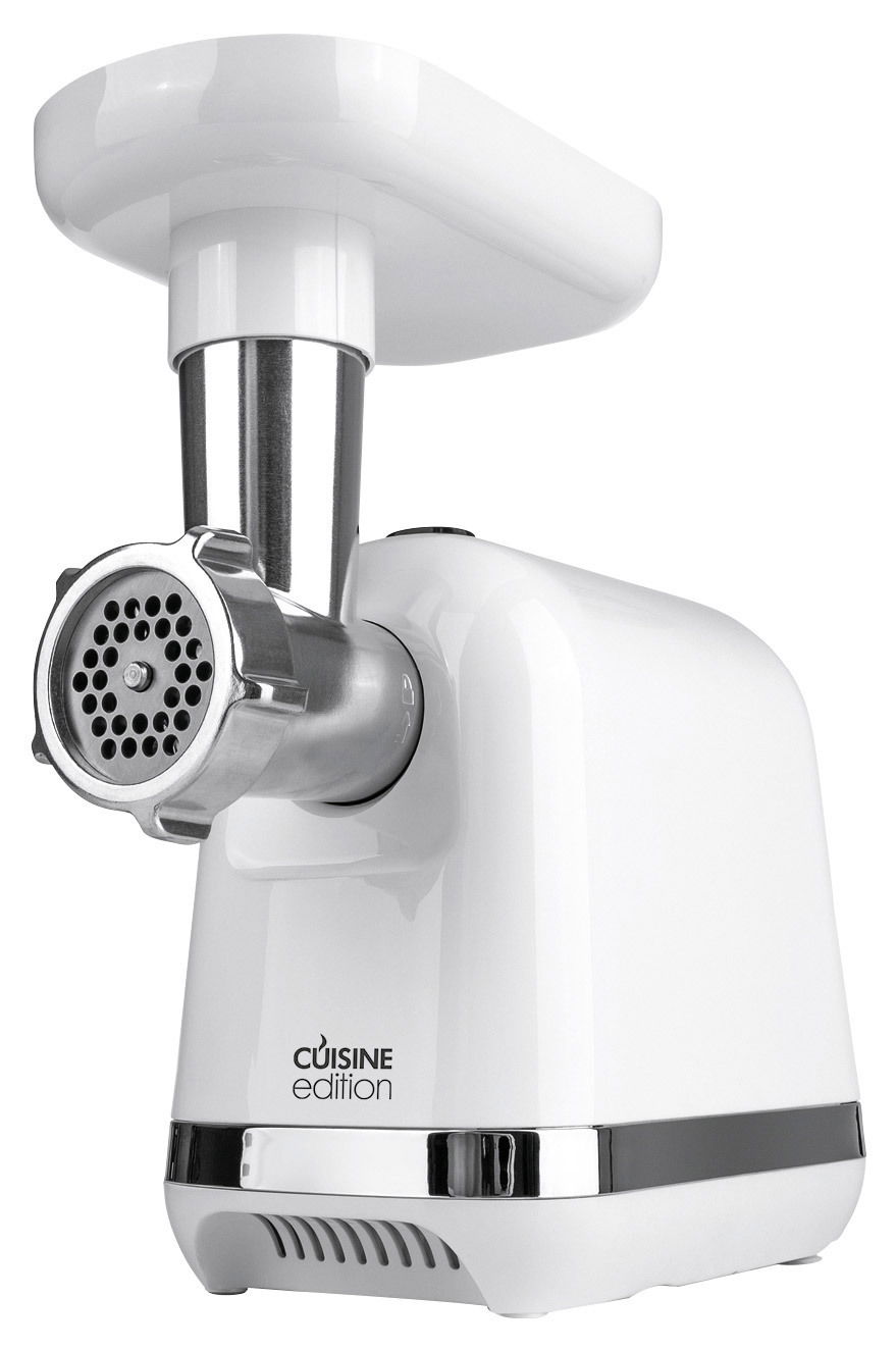 Weißer Fleischwolf der Marke Cuisine Edition, seitliche Perspektive