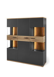 Modernes Highboard in dunklem Grau mit Holzakzenten, frontal betrachtet.