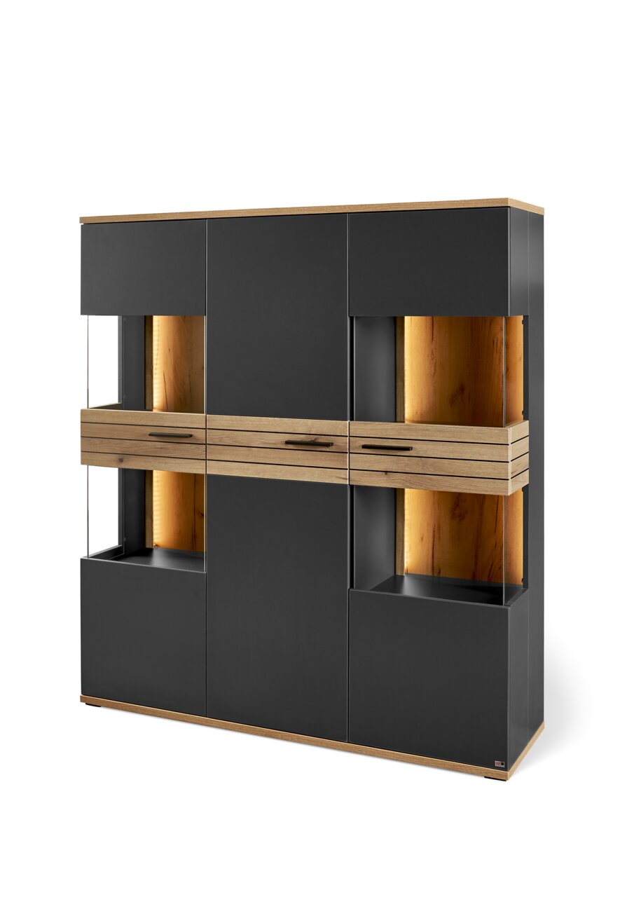Modern hoogkast in donkergrijs met houten accenten, gezien vanaf de voorkant.