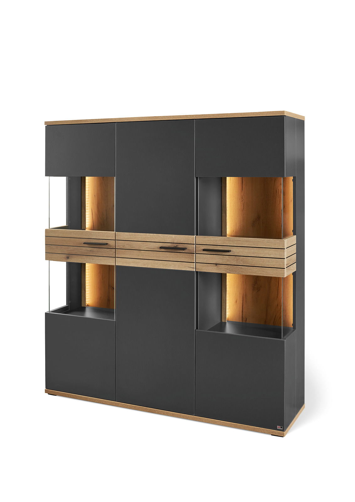 Modernes Highboard in dunklem Grau mit Holzakzenten, frontal betrachtet.
