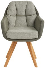 Moderner Sessel mit grüner Polsterung und Holzbeinen, Frontalansicht