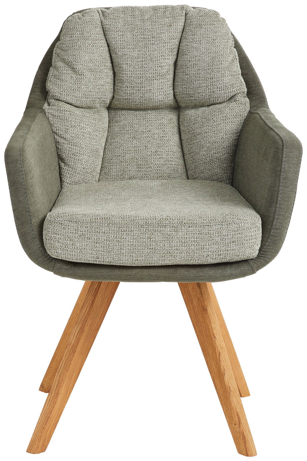 Moderner Sessel mit grüner Polsterung und Holzbeinen, Frontalansicht