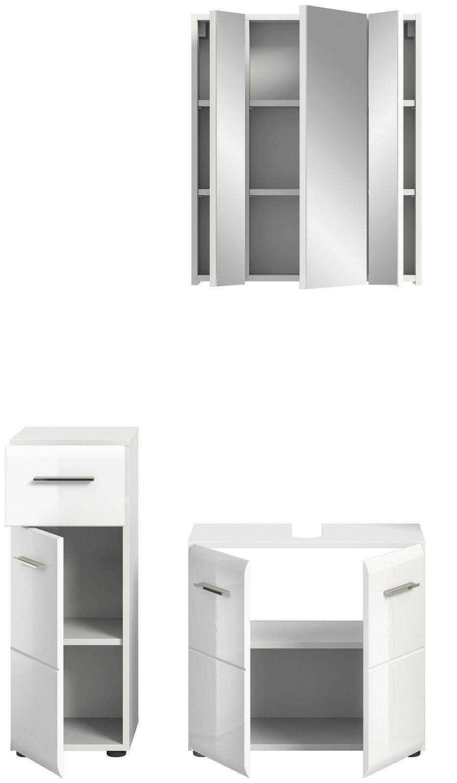 Badezimmerschrank-Kombination in Weiß, bestehend aus einem Spiegelschrank mit drei Türen und zwei Unterschränken mit offenen Türen, Frontalansicht.