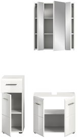 Badezimmerschrank-Kombination in Weiß, bestehend aus einem Spiegelschrank mit drei Türen und zwei Unterschränken mit offenen Türen, Frontalansicht.
