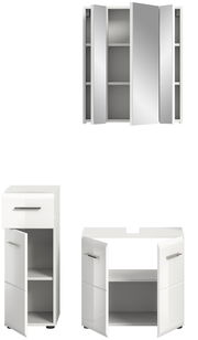 Badezimmerschrank-Kombination in Weiß, bestehend aus einem Spiegelschrank mit drei Türen und zwei Unterschränken mit offenen Türen, Frontalansicht.