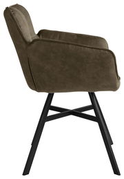 Seitenansicht eines Armlehnstuhls mit olivgrünem Stoffbezug und schwarzen Metallbeinen.