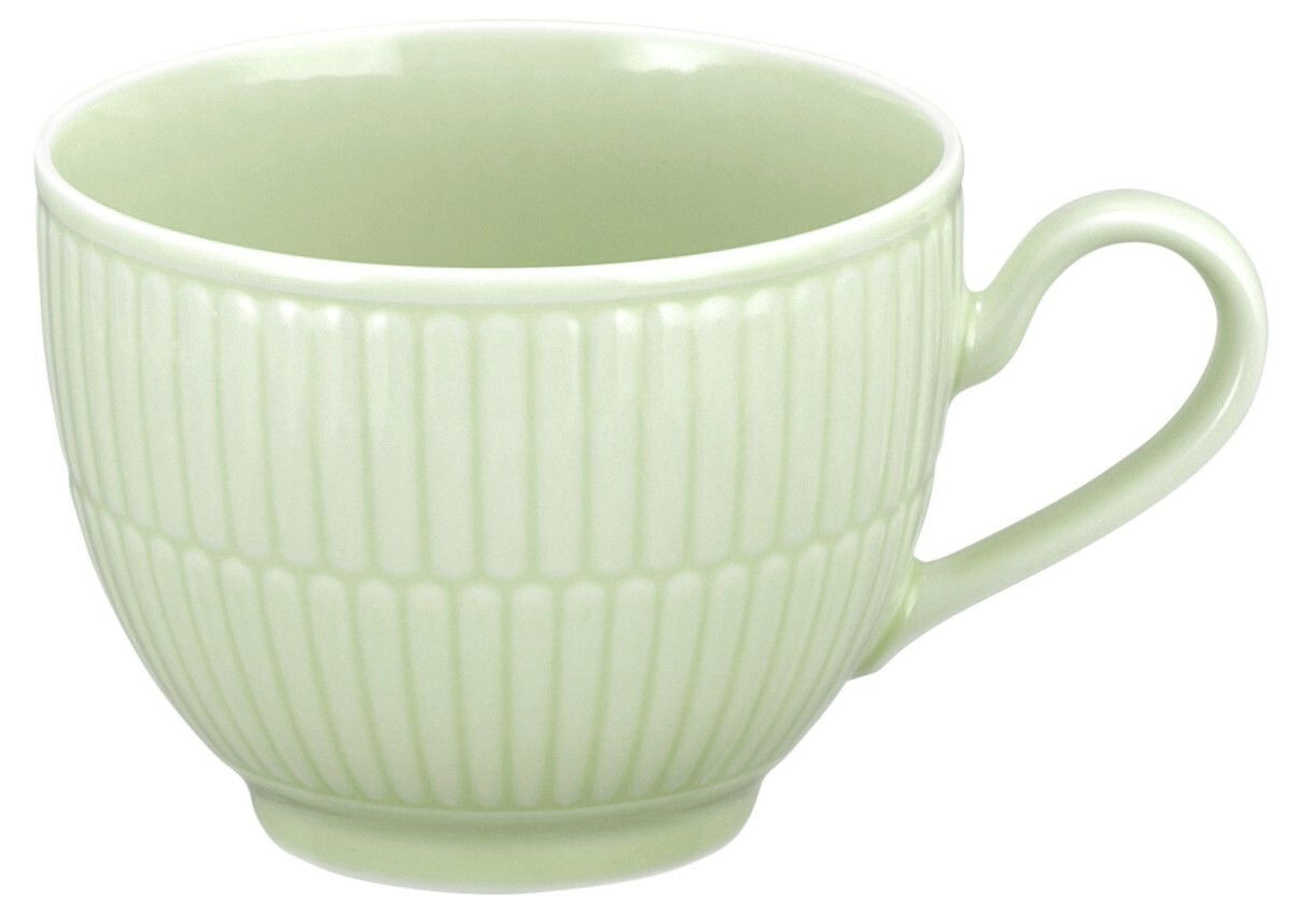 Seladonfarbene Kaffeeobertasse mit geriffeltem Design, seitliche Perspektive
