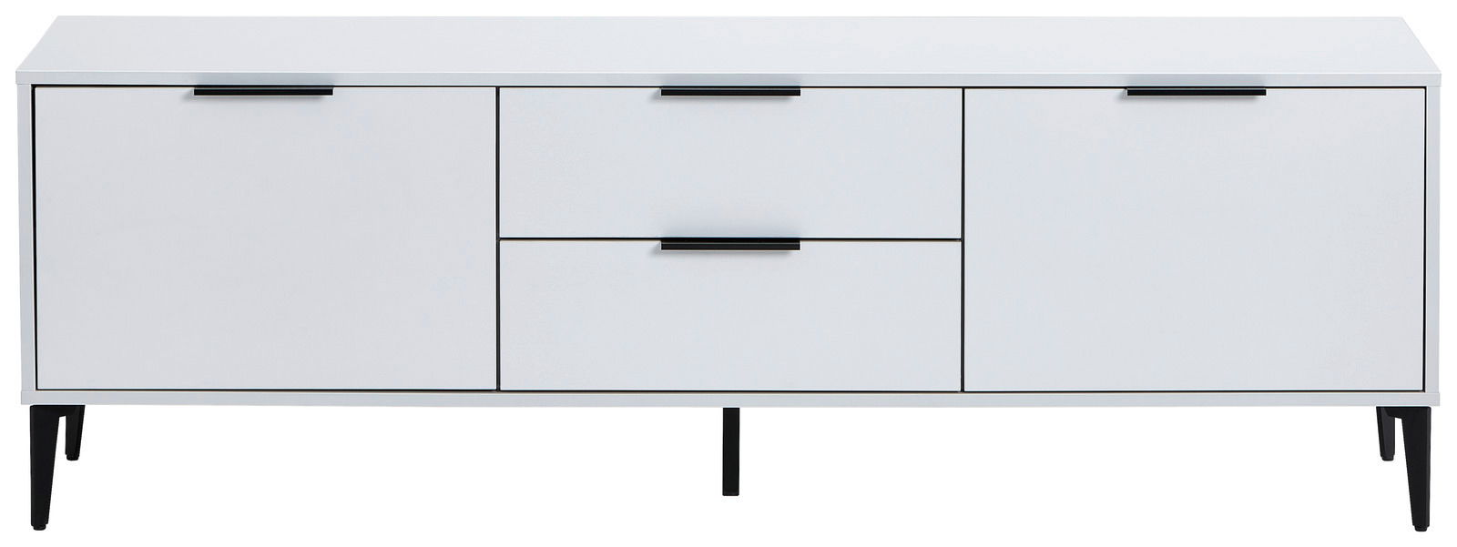 Weißes TV-Lowboard mit schwarzen Griffen und Beinen, frontale Ansicht