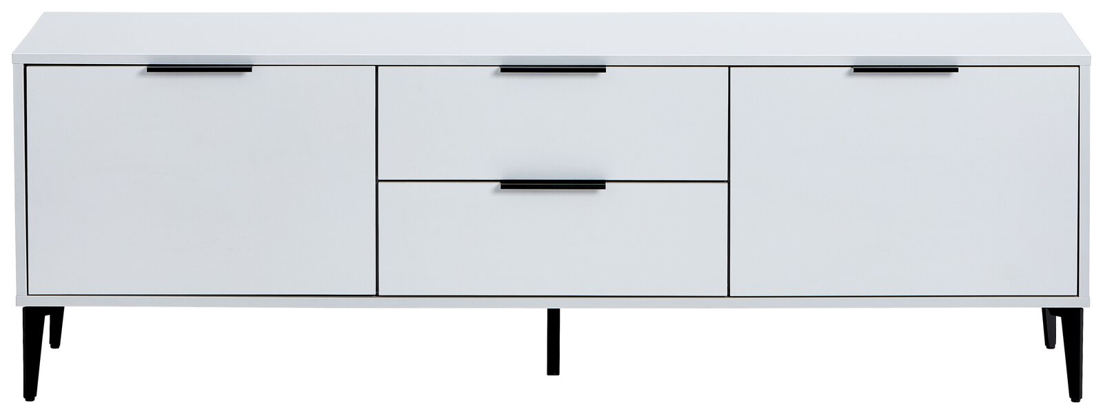 Weißes TV-Lowboard mit schwarzen Griffen und Beinen, frontale Ansicht