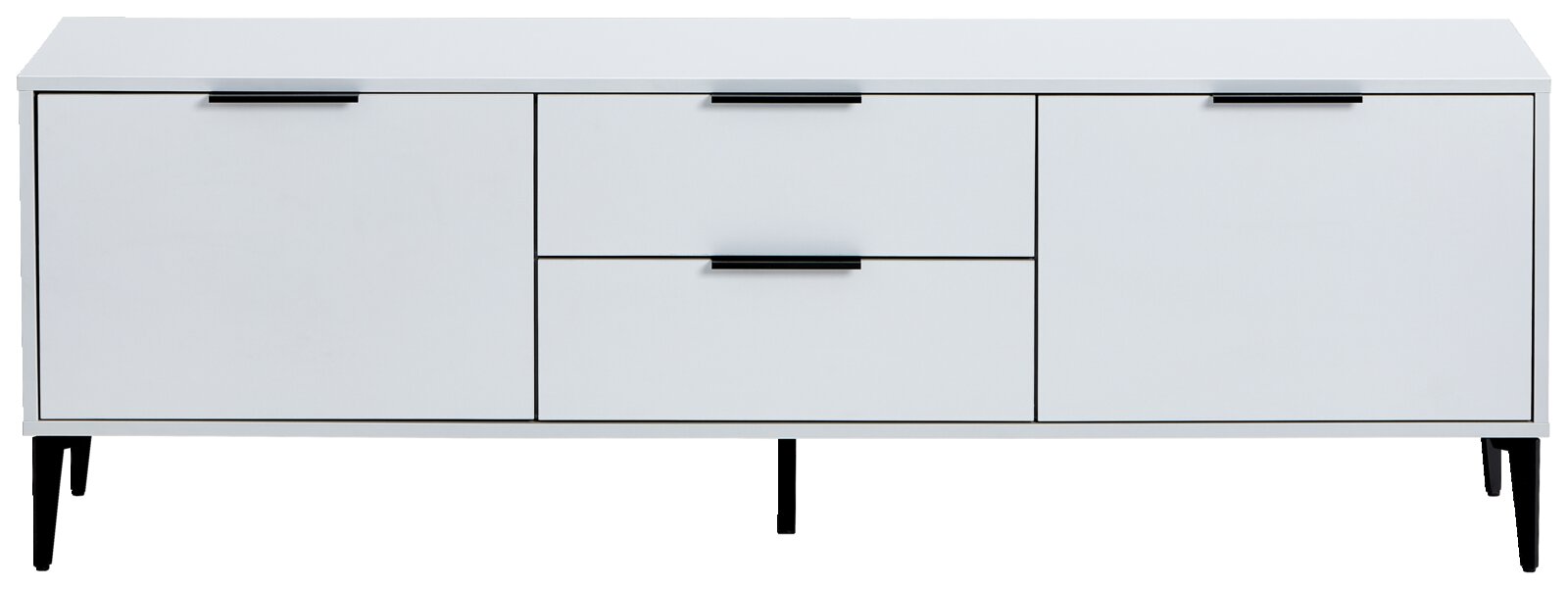 Weißes TV-Lowboard mit schwarzen Griffen und Beinen, frontale Ansicht