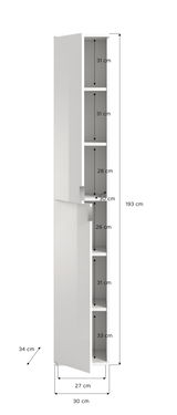 Hochschrank in weißer Farbe mit mehreren Fächern, geöffnete Tür, seitliche Perspektive.