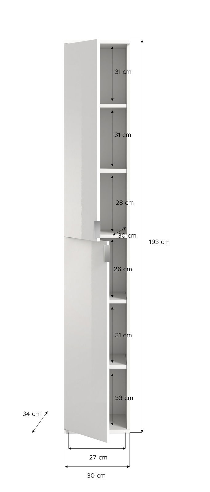Hochschrank in weißer Farbe mit mehreren Fächern, geöffnete Tür, seitliche Perspektive.