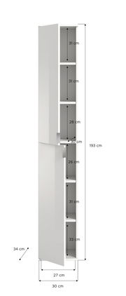 Hochschrank in weißer Farbe mit mehreren Fächern, geöffnete Tür, seitliche Perspektive.