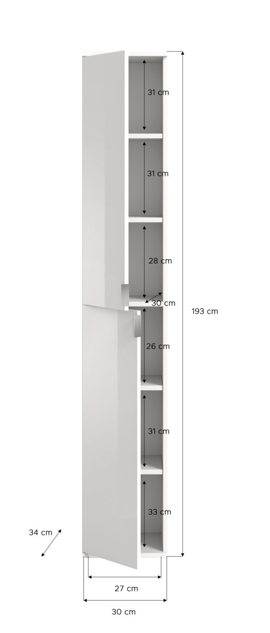 Hochschrank in weißer Farbe mit mehreren Fächern, geöffnete Tür, seitliche Perspektive.