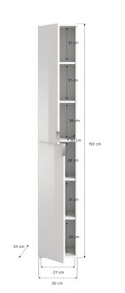 Hochschrank in weißer Farbe mit mehreren Fächern, geöffnete Tür, seitliche Perspektive.