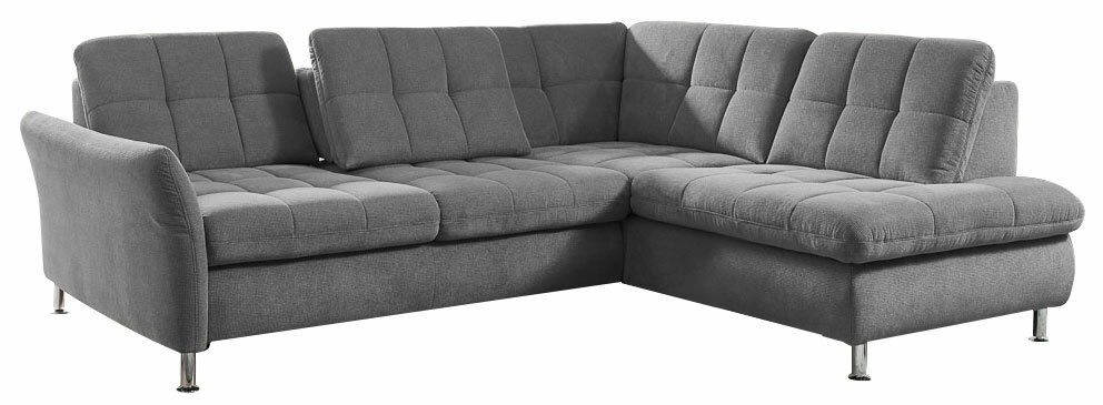 Graues Ecksofa Beldomo Style DRESDEN in Frontalansicht mit moderner Polsterung und Metallfüßen.