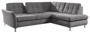 Graues Ecksofa Beldomo Style DRESDEN in Frontalansicht mit moderner Polsterung und Metallfüßen.