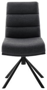 Moderner, dunkelgrauer Stuhl mit gepolsterter Sitzfläche und Rückenlehne, auf schwarzem Metallgestell, Frontalansicht.