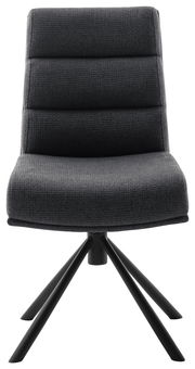 Moderner, dunkelgrauer Stuhl mit gepolsterter Sitzfläche und Rückenlehne, auf schwarzem Metallgestell, Frontalansicht.