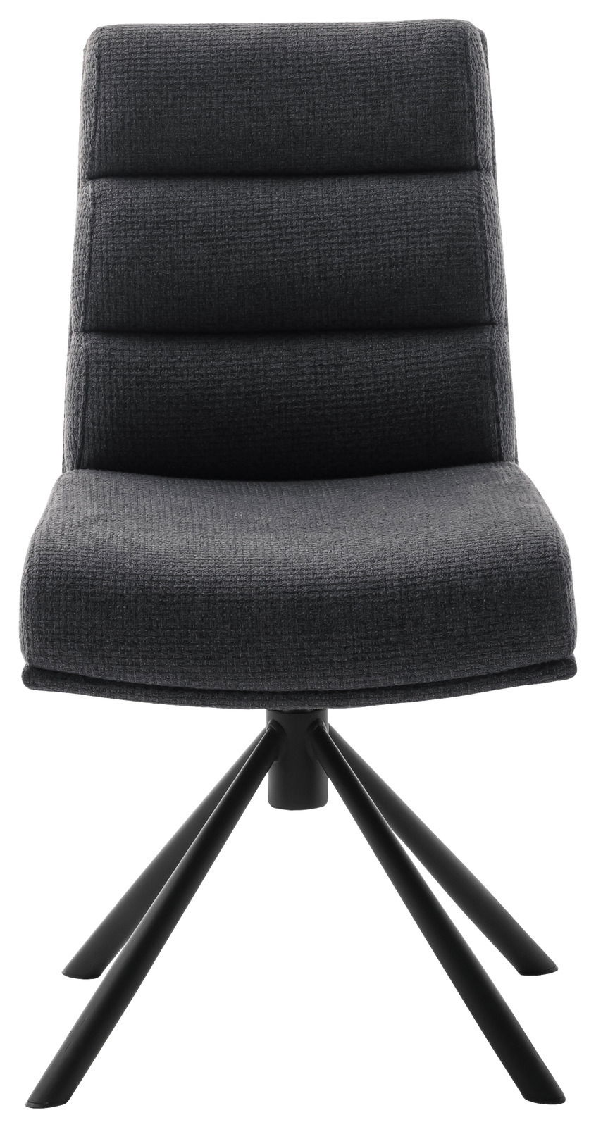 Moderner, dunkelgrauer Stuhl mit gepolsterter Sitzfläche und Rückenlehne, auf schwarzem Metallgestell, Frontalansicht.
