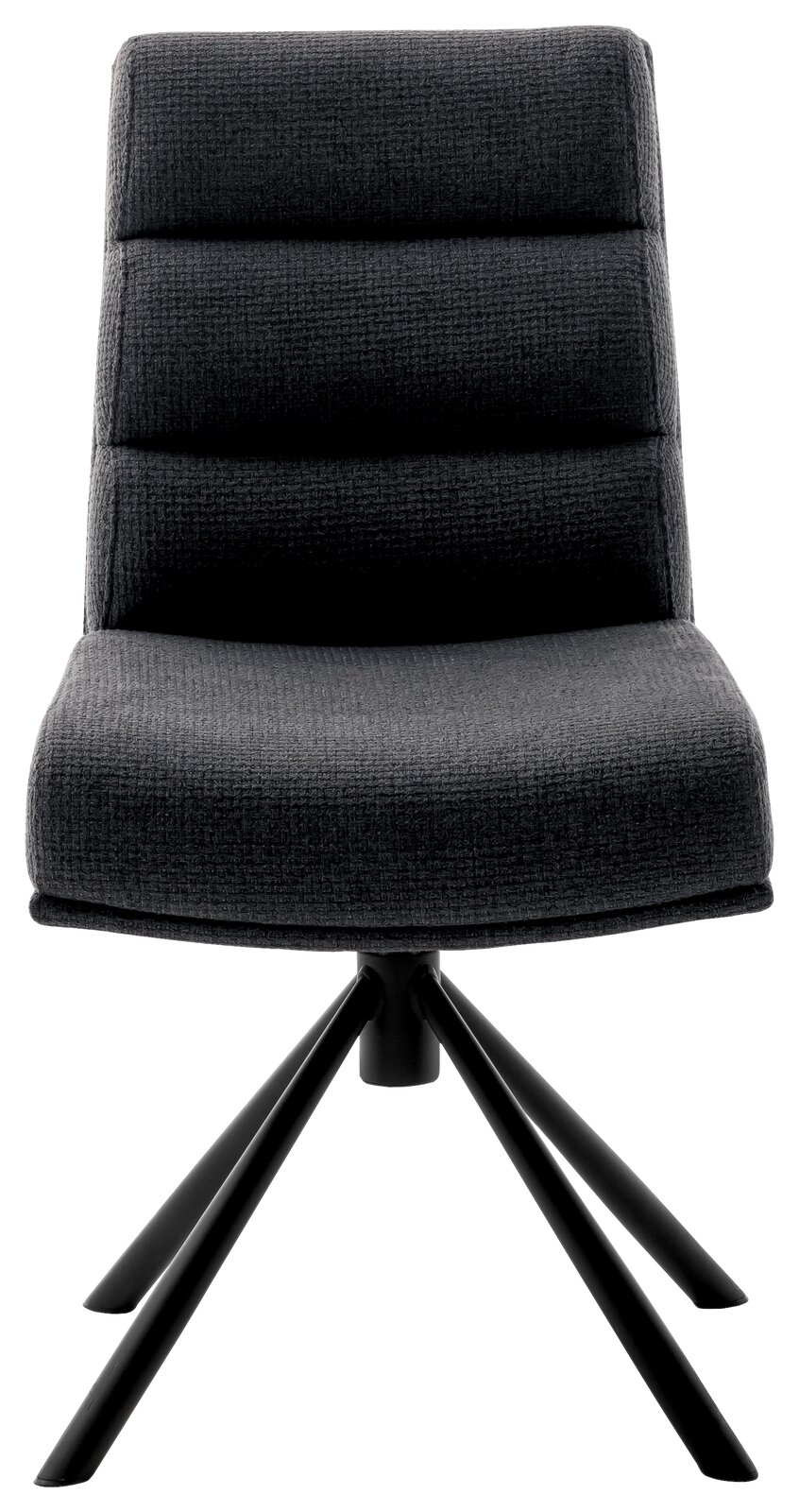 Moderner, dunkelgrauer Stuhl mit gepolsterter Sitzfläche und Rückenlehne, auf schwarzem Metallgestell, Frontalansicht.