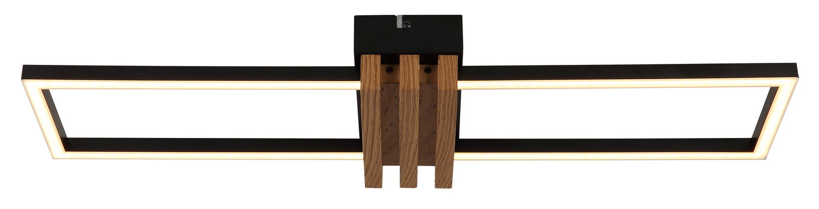 Moderne Deckenleuchte mit rechteckigem Design und Holzdetails, seitliche Perspektive