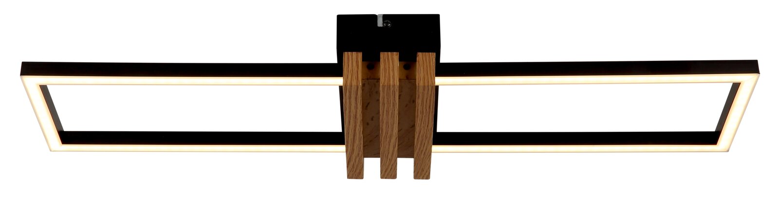 Moderne Deckenleuchte mit rechteckigem Design und Holzdetails, seitliche Perspektive