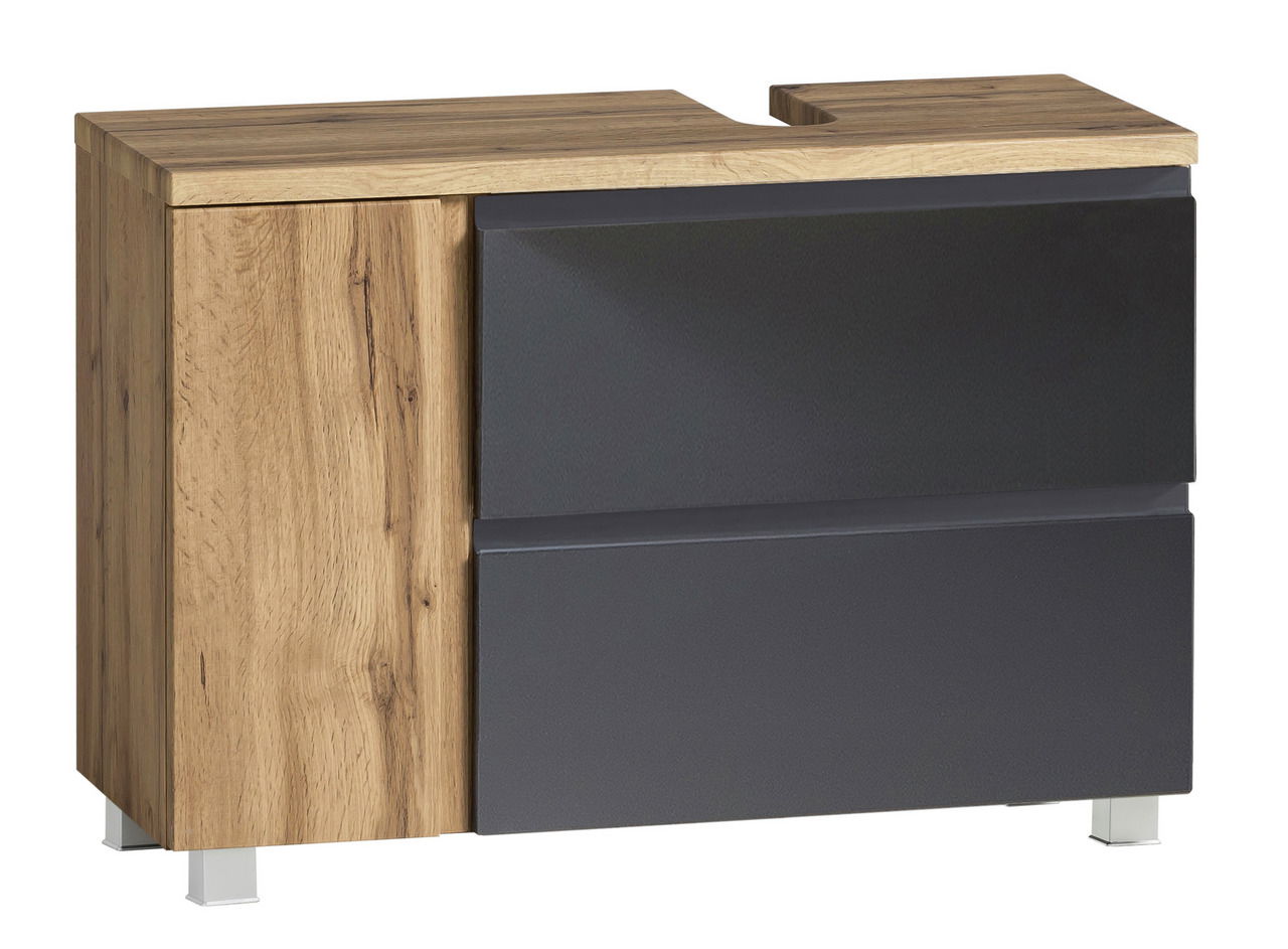 Moderner Waschbeckenunterschrank in Holzoptik mit zwei dunklen Schubladen, perspektivisch von vorne rechts gesehen.