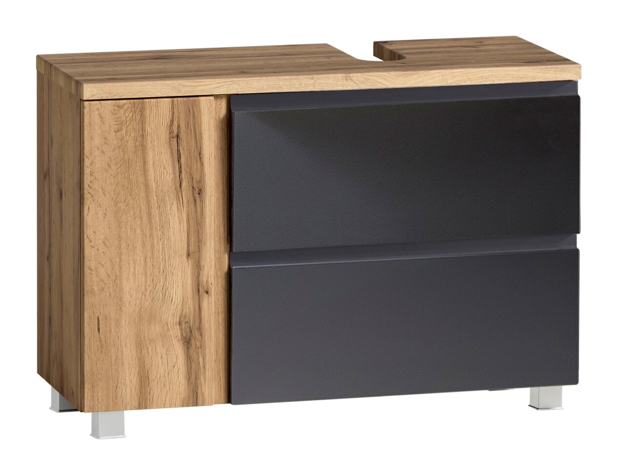 Moderner Waschbeckenunterschrank in Holzoptik mit zwei dunklen Schubladen, perspektivisch von vorne rechts gesehen.
