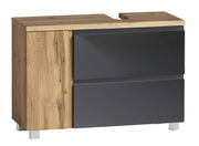 Moderner Waschbeckenunterschrank in Holzoptik mit zwei dunklen Schubladen, perspektivisch von vorne rechts gesehen.