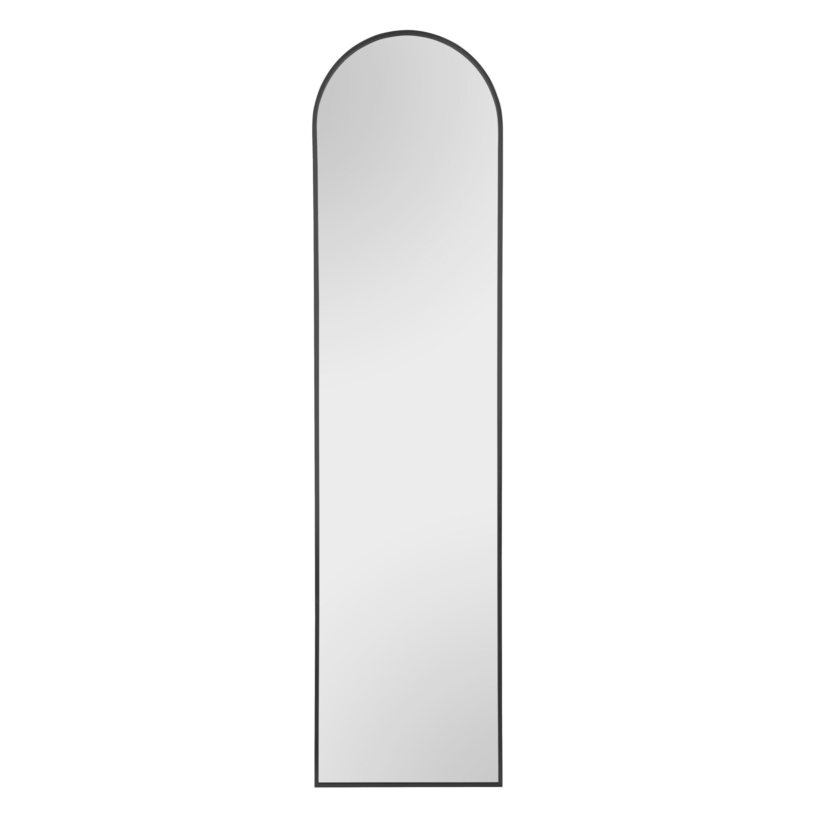 Schlanker, hoher Wandspiegel mit schwarzem Rahmen und abgerundeter Oberkante, freigestellt auf weißem Hintergrund, Frontansicht.