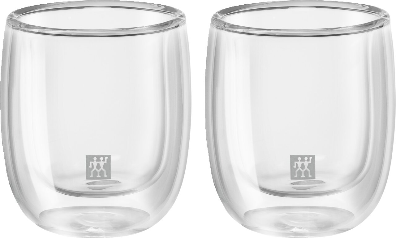 Zwei doppelwandige Espressogläser mit 80 ml Fassungsvermögen, frontal abgebildet.