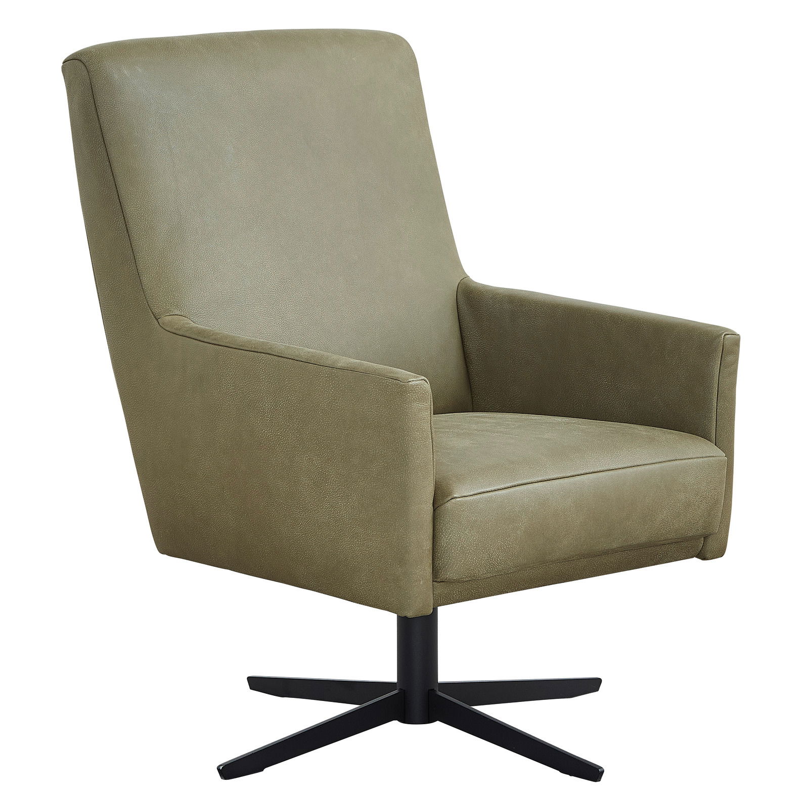 Grüner Drehsessel mit hoher Rückenlehne, seitliche Perspektive