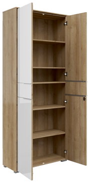 Offener Aktenschrank mit zwei Türen, Holzoptik und weißen Fronten, seitliche Perspektive