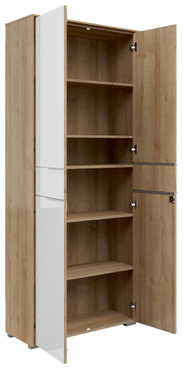 Offener Aktenschrank mit zwei Türen, Holzoptik und weißen Fronten, seitliche Perspektive