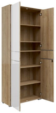 Offener Aktenschrank mit zwei Türen, Holzoptik und weißen Fronten, seitliche Perspektive