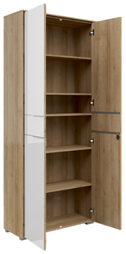 Offener Aktenschrank mit zwei Türen, Holzoptik und weißen Fronten, seitliche Perspektive