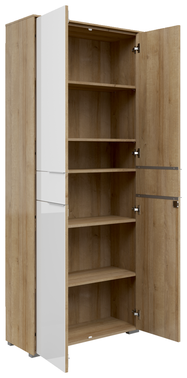 Offener Aktenschrank mit zwei Türen, Holzoptik und weißen Fronten, seitliche Perspektive